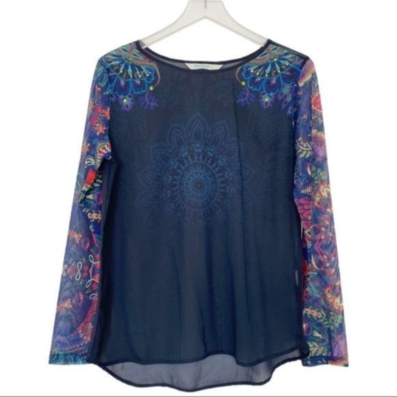 Desigual Tops - Desigual Floral Print Long Sleeve Navy Blue Sheer Top Size L